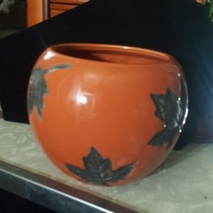 Ceramic Orange Flower Pot/Bowl with Black Leaves